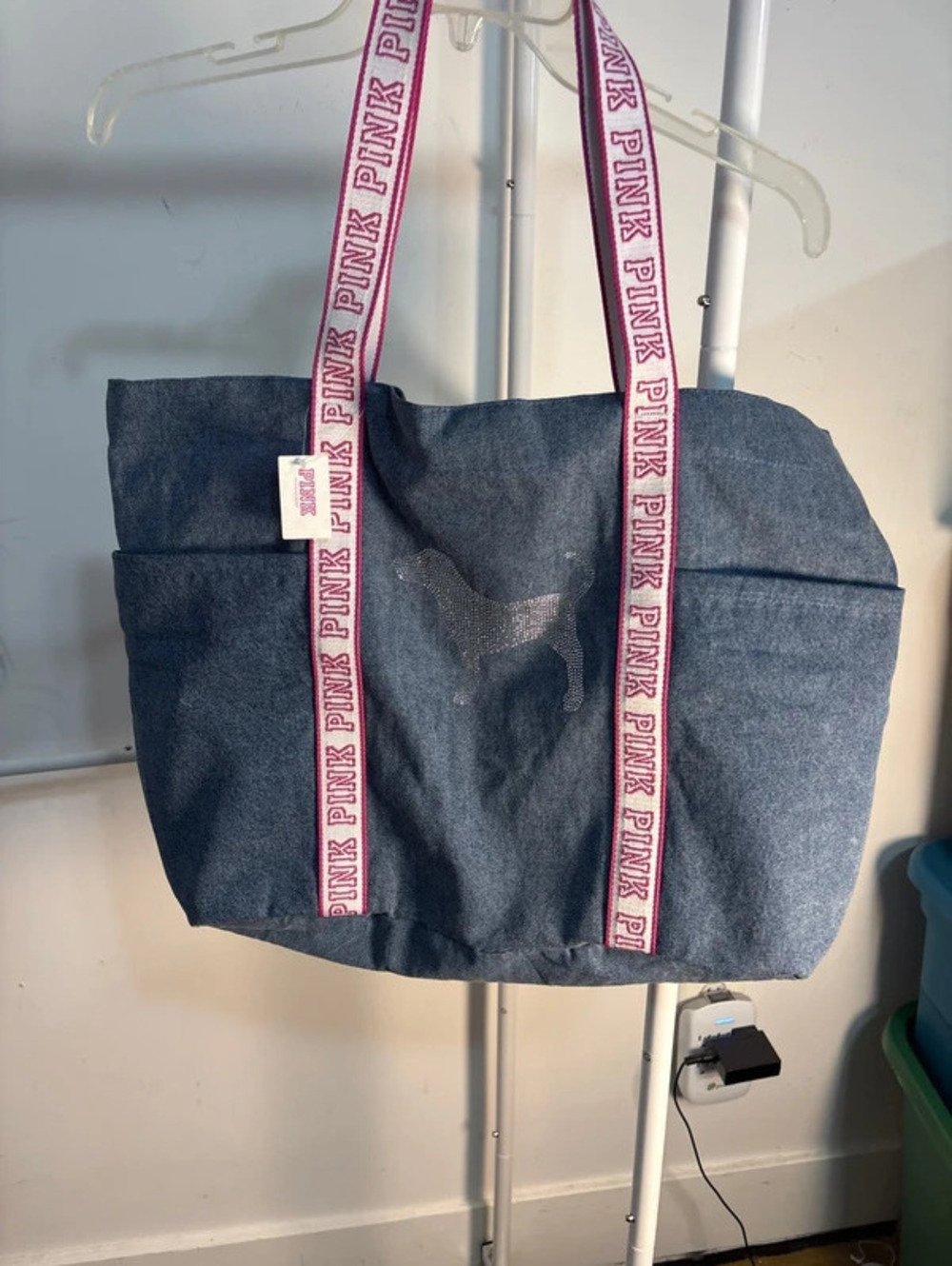 • NWT Victoria's Secret PINK Large Denim Tote Bag – Rhinestone Bling Dog Logo